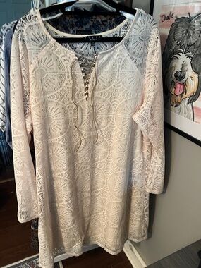 Collection B Cream Lace-Up Crochet Tunic Dress